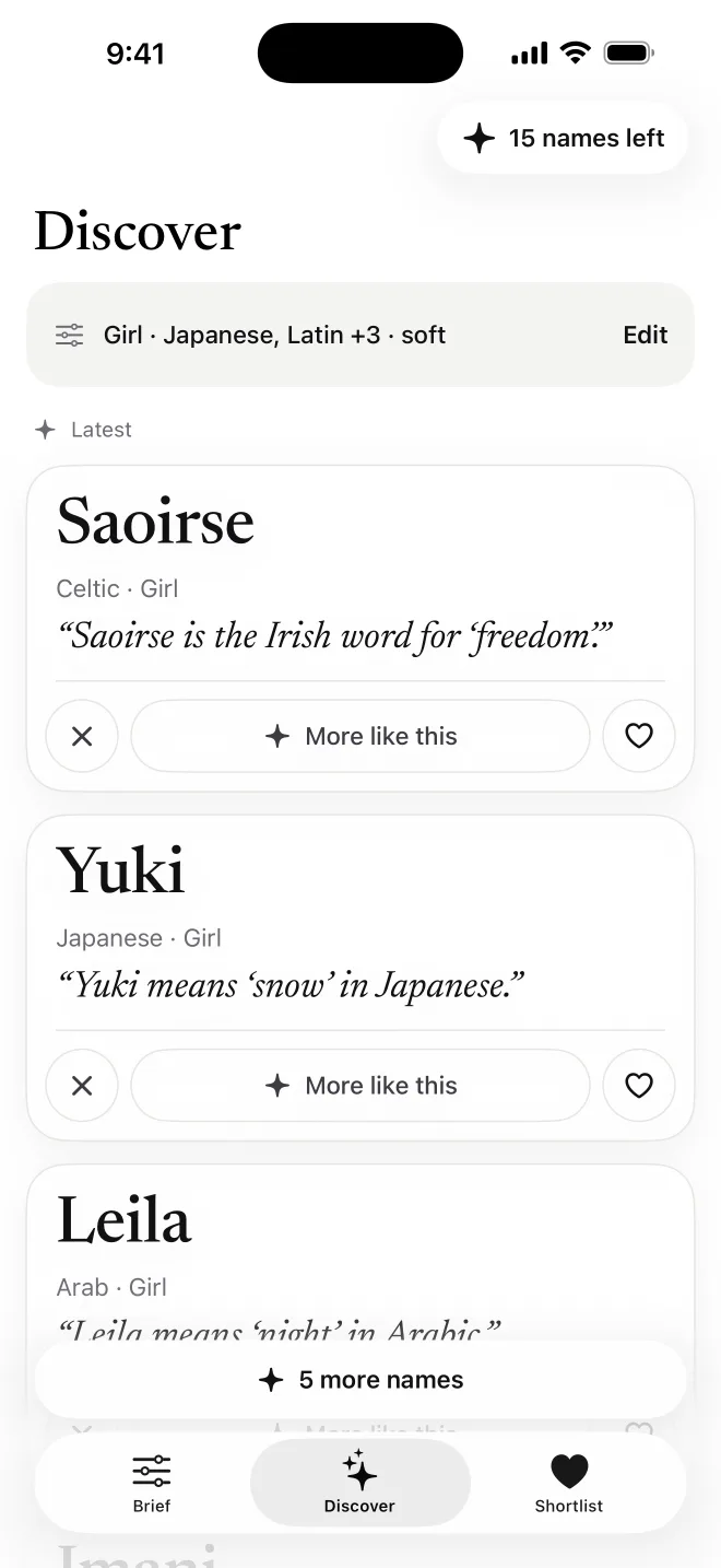 The Discover screen showing Saoirse, Yuki and Leila, each with its origin and meaning