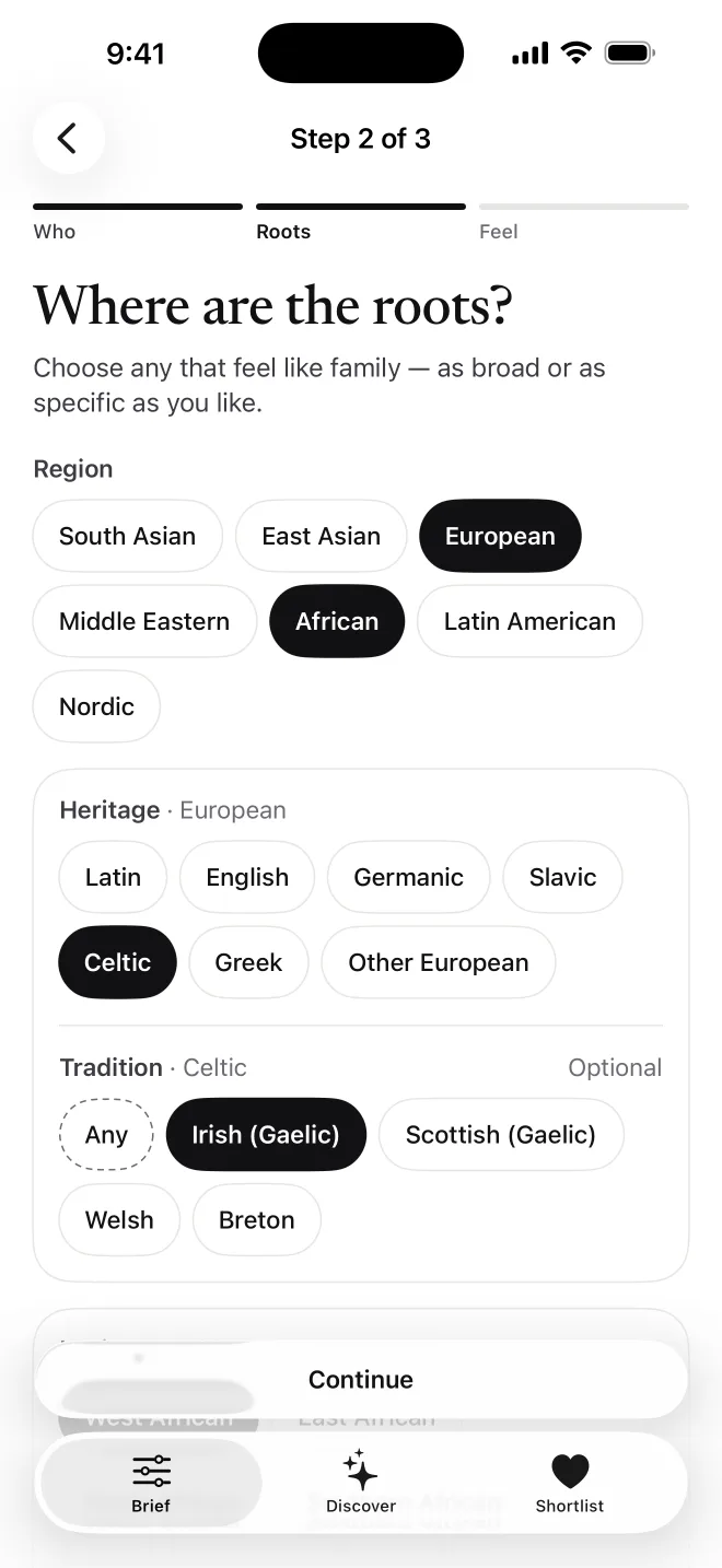 Choosing roots: European and African regions, with the Celtic heritage and Irish (Gaelic) tradition selected